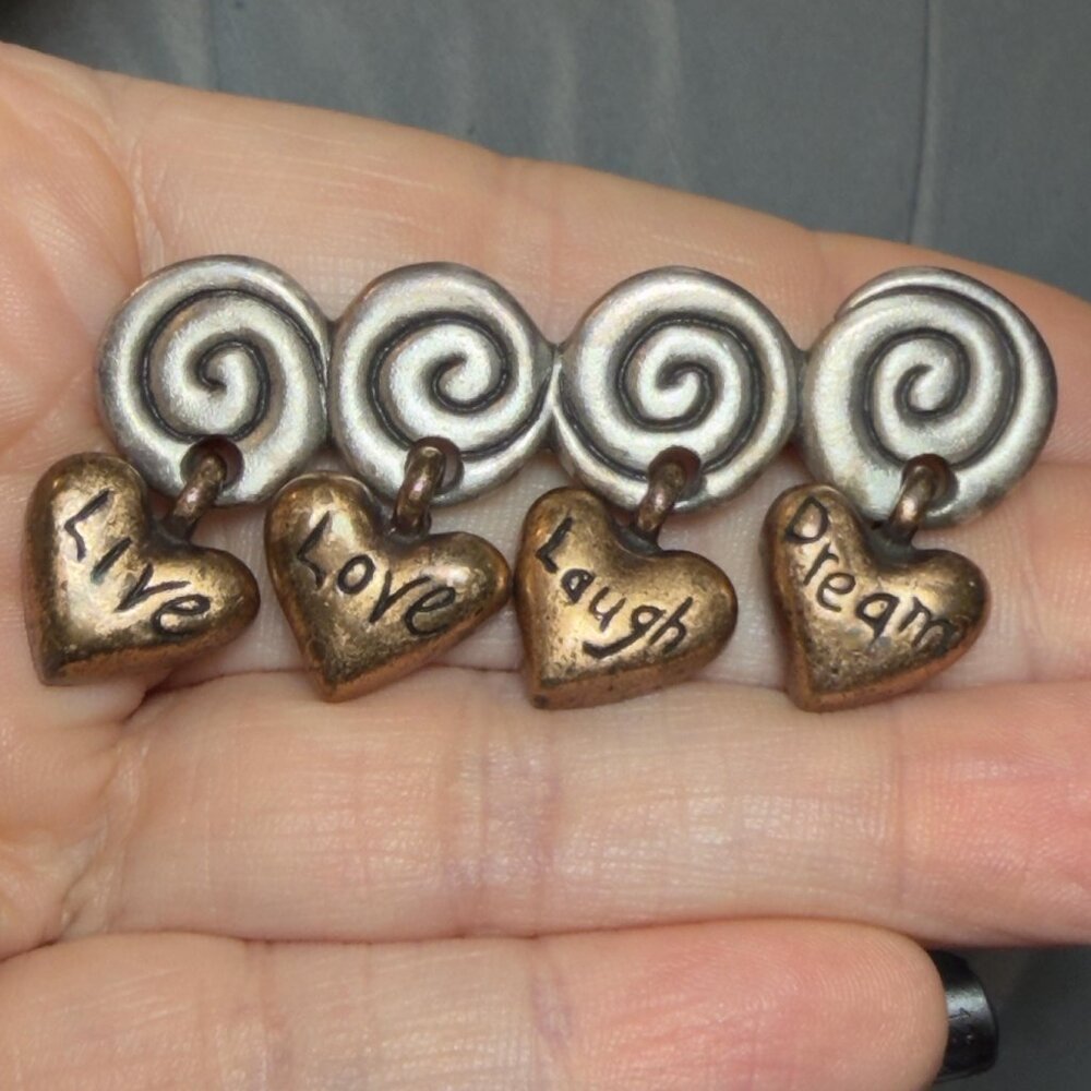 Live Love Laugh Dream Brooch with Dangle Hearts Vintage 1997 Pewter Bronze Tone
